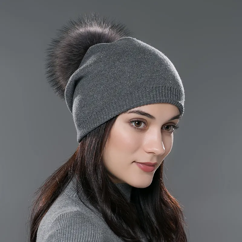 RTS Winter Strick mütze mit echtem Pelz Pom Pom Hüte für Frauen Fabrik Kaschmir Wolle Strick mütze Großhandel
