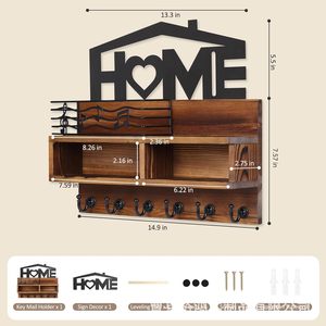 Wooden Wall-Mounted Key Rack Mail Organizer With <b>Hooks</b> And <b>Shelf</b> For Home Entryway Storage - Product Image 4