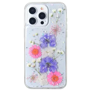 Wholesale Dry Flower Glitter Bling Girly Cell Phone Cases Cover for iPhone 11 12 13 14 15 Pro Max Flower Clear Phone Cases