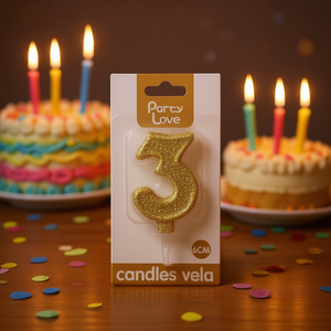 Party Love <b>Candles</b> Number 3 Gold Glitter 6Cm Birthday Cake Decor - Product Image 1