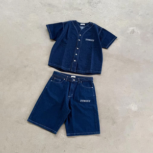 Denim V Neck Button <b>Short</b> Sleeve <b>Shirts</b> <b>and</b> Jeans <b>Shorts</b> 2 Piece <b>Set</b> Custom Design High Quality Heavyweight Jeans Denim <b>Set</b> <b>Men</b> - Product Image 1