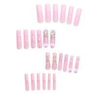 Faux ongles à presser faits main, 24 pièces, longs, forme cercueil ballerine, rose ombré, avec strass, nœud, dentelle corset, en ABS, couvrance totale, pour femmes
