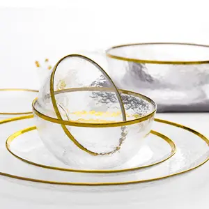 New Arrive Luxury Dinning Decorative Glass Tableware Charger Gold Rim Plates Transparent Thickened Round Dishes