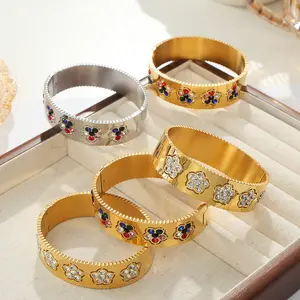 New Trendy Tarnish Free Chunky Jewelry 18k Gold Plated Stainless Steel Colorful Zircon Flower Waterproof Bangle For Women