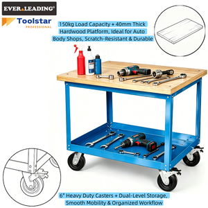 Banc de travail mobile robuste, <span class=keywords><strong>chariot</strong></span> à outils <span class=keywords><strong>avec</strong></span> plateau en bois dur, capacité de 150 kg, <span class=keywords><strong>roulettes</strong></span> de 6 pouces, <span class=keywords><strong>chariot</strong></span> d'atelier industriel - Product Image 1