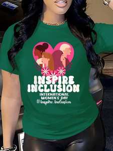 T-Shirt Casual da Donna Inspire Inclusion con Collo Tondo in Tessuto di Poliestere Lavorato a Maglia con Motivo Alfabetico per la Giornata Internazionale della Donna Vestibilità Regolare - Product Image 3