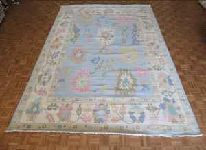 Blue Hand-Knotted Oushak Wool <b>Rug</b> 9x12-10x14 Abstract Pattern Cotton <b>for</b> Home <b>Nursery</b> Living Room Custom Order - Product Image 6