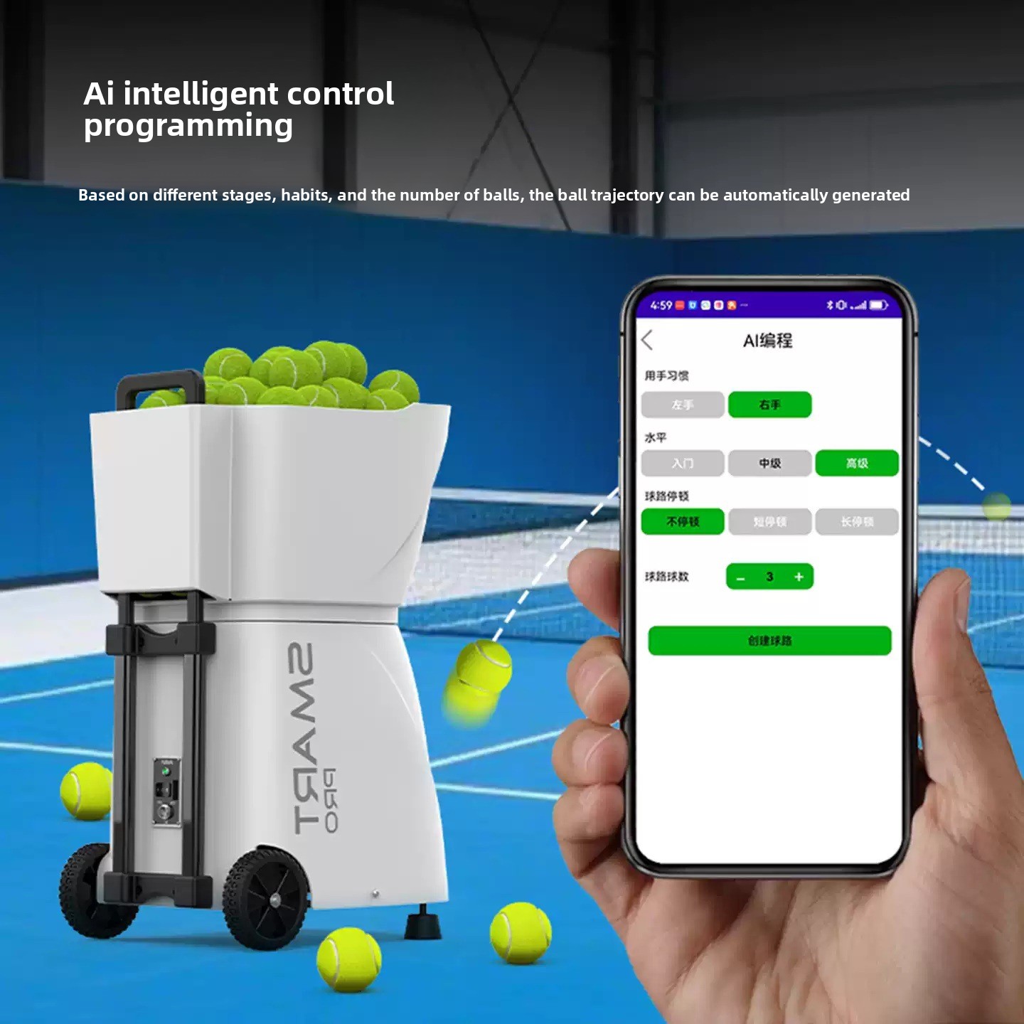 Pusun PT-Smart Pro Intelligent Tennis Ball Launcher with 115-Ball Capacity-Automatic Training Device for Solo Practice