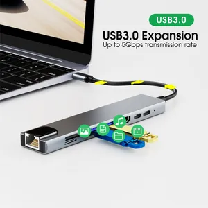 Hub Tipe C 8 Dalam 1 Paduan Aluminium Desain Baru dengan Adaptor HDTV, Ethernet, Pembaca Kartu TF/SD, 2 Port USB3.0, dan 87W