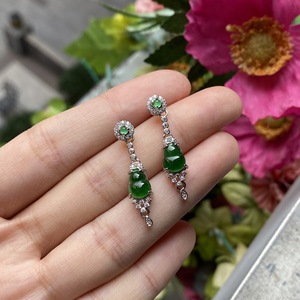 Chinese Style S925 Pure Silver Dangle Earrings Natural Sunny Green <b>Jade</b> Gourd Inlaid with Ice <b>Jade</b> Fulu National Style - Product Image 2