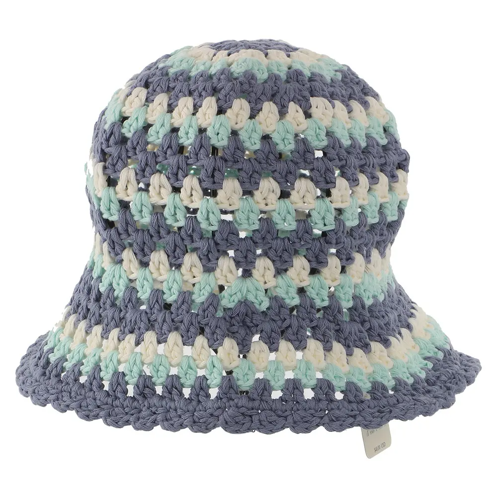 Fashion Spring Summer Striped 100% Cotton Hollow Knitted Handmade Crochet Bucket Hat