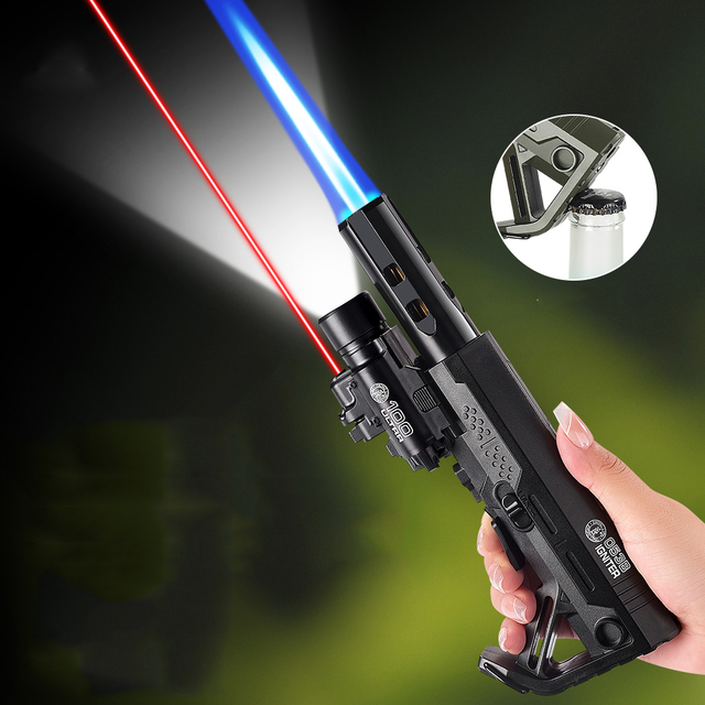Large Flame Machine Spray Gun with Laser Light, Butane Gas Portable Outdoor Barbecue Lighter