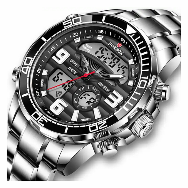 Foxbox  0007 All Steel Waterproof Clock Top Luxury Sport Quartz Brand Digital Mens Quartz Watches Business Men  Wristwatch