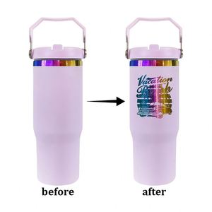 Gobelet isotherme en acier inoxydable de 30 oz avec paille rabattable et poignée, pour personnalisation DIY effet arc-en-ciel, bouteille d'eau vierge pour gravure laser et sublimation - Product Image 4