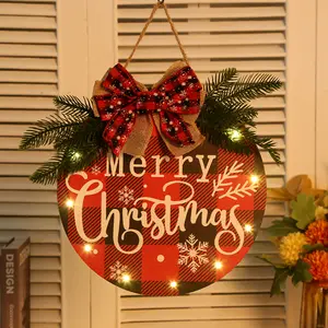 Merry Christmas Wreath Hanging Sign Wooden Christmas Ornament Welcome Sign For Christmas Decor Wall Door Signs