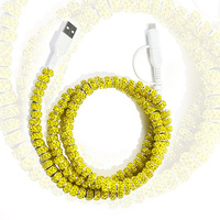 Câble de données USB texturé à paillettes jaunes 3 en 1 avec strass, cordon de charge universel multi-embouts pour téléphone portable