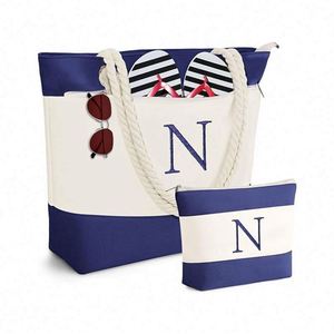 Bolsa de Playa de Lona Personalizada con Iniciales y Logotipo, Regalos de Cumpleaños, Bolsa de Mano con Bolsa de Maquillaje - Product Image 1