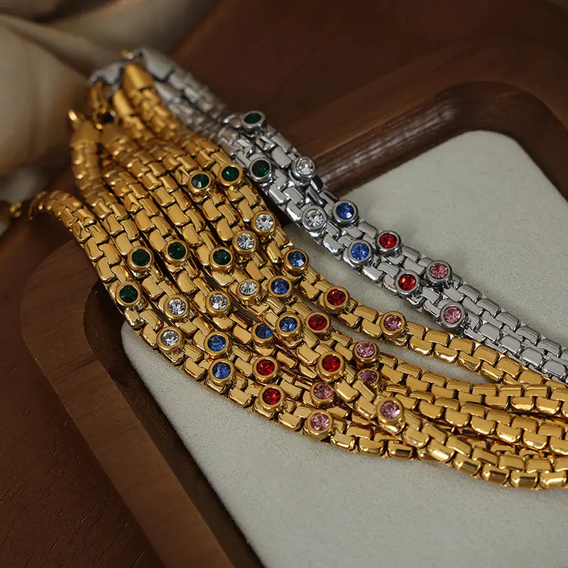 XIXI Acier, из нержавеющей стали, с разноцветными кристаллами, 18 карат, позолоченный кубический цирконий, женские модные ювелирные изделия, браслеты на цепочке