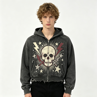 Sweat à capuche zippé gris délavé effet vieilli, style streetwear, avec motif tête de mort, pour homme et unisexe, lot en gros
