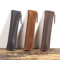 Étui à stylos vintage en cuir de vachette pleine fleur vieilli, pochette de protection portable classique à fermeture éclair pour stylo-plume
