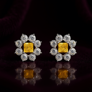 Boucles d'oreilles de luxe en or massif 18 carats avec diamants taille princesse, motif fleur jaune, certifiées GIA, bijoux de mariage pour femme - Product Image 2
