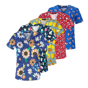 เสื้อสครับ2025ยืดได้ใส่ได้ทั้งชายและหญิงสำหรับวันฮาโลวีนคริสต์มาสพิมพ์ลายดอกไม้ผลไม้พยาบาล - Product Image 3