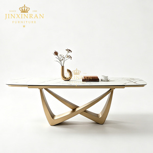 Table à manger rectangulaire moderne de luxe en marbre, 6 places, avec structure en acier inoxydable doré, imperméable et durable, pour salle à manger - Product Image 3