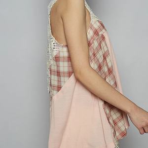 Blusa Bohemia de Rayón en Oferta, con Cuello de Encaje y Detalle de Panel a Cuadros, Top sin Mangas para Mujer - Product Image 5