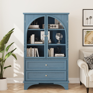 Vetrina con Porta in Vetro, Armadio Espositivo 52.17"H con 2 Cassetti e Ripiano Regolabile, Mobile Contenitore per Soggiorno - Product Image 2