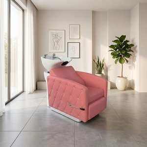 Sillón de Lavado de Cabello con Tapicería de Diamantes Rosados, Reclinación Manual, Asiento de Cuero para Salón, Lavabo de Porcelana, Mueble para Lavado de Cabello - Product Image 1