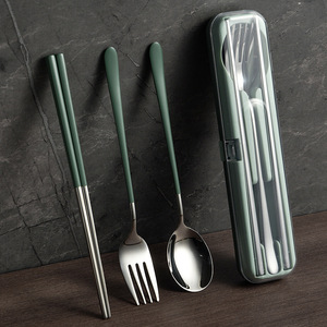 Stainless Steel Chopsticks Spoon Fork Set 3 Pieces Portable Cutlery Box Student Travel Utensils - Product Image 1