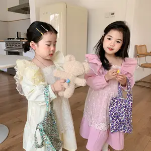 Vestido de princesa para crianças, vestido de renda estilo coreano, mangas compridas, vestido de festa, cor rosa, praia, 2022