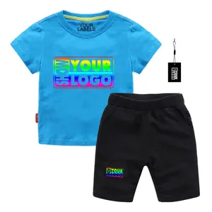 100% कपास 200g 5.9oz बच्चों लघु आस्तीन टी शर्ट और शॉर्ट्स सेट कस्टम डिजाइन के साथ अपने डिजाइन और नि: शुल्क स्विंग टैग और लेबल