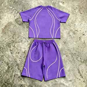 Ensemble T-shirt court à manches courtes et short pour homme, motif géométrique violet, coupe classique, col rond, tricoté, sportif, séchage rapide - Product Image 1