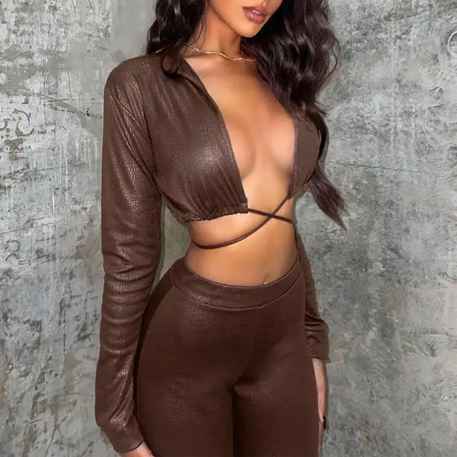 2022 Two Piece Set Cross Sexy Deep Neck Women Clothing Sets Fashion Long Sleeve Street Wear Female Faux PU Leather Outfits