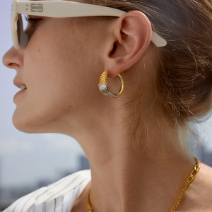 Hoop Earrings Stainless Steel Gold Silver Two Tone Crystal Inlay Everyday Wear Geometric Design Oval Shape - Product Image 2