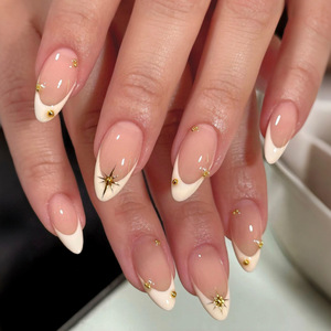 Faux <span class=keywords><strong>ongles</strong></span> à presser blancs de style français, européens et américains, courts, forme amande, avec paillettes dorées, prêts à poser pour les doigts - Product Image 1