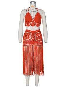 Verano nueva llegada mano ganchillo playa vestido Sexy mujer sujetador Top largo borla faldas mujeres Bikini traje de baño conjunto - Product Image 5