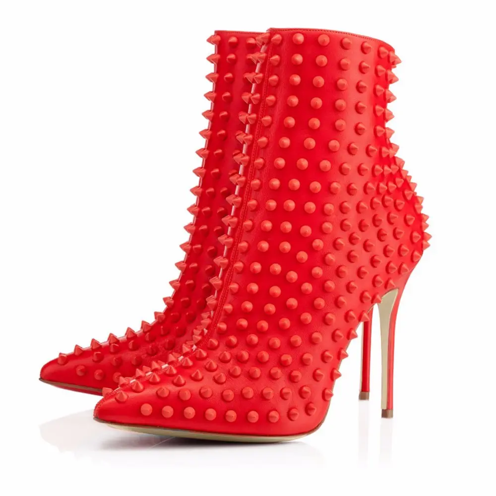 Red Black PU Leather Rivets Fashion Pointed Toe Stiletto High Heels Ankle Short Boots