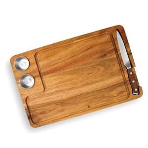 Juego de tablas de cortar de madera de acacia duraderas que incluye cuchillos, plato para salsas y tabla para cortar queso con ranuras profundas para recoger jugo - Product Image 6