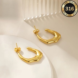 Pendientes de acero inoxidable 18k con diseño geométrico irregular y efecto hidráulico, de moda transfronteriza, de alta gama, de nicho y exagerados. - Product Image 4