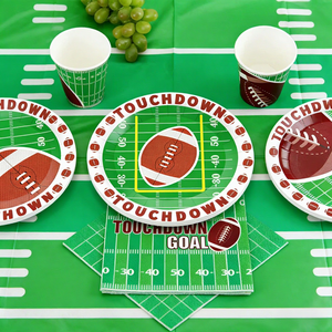 DAMAI Sports Themed Party Tableware Set with Rugby <b>Pattern</b> Includes Round <b>Paper</b> Plates Cups Napkins Serves 8 Guests - Product Image 2