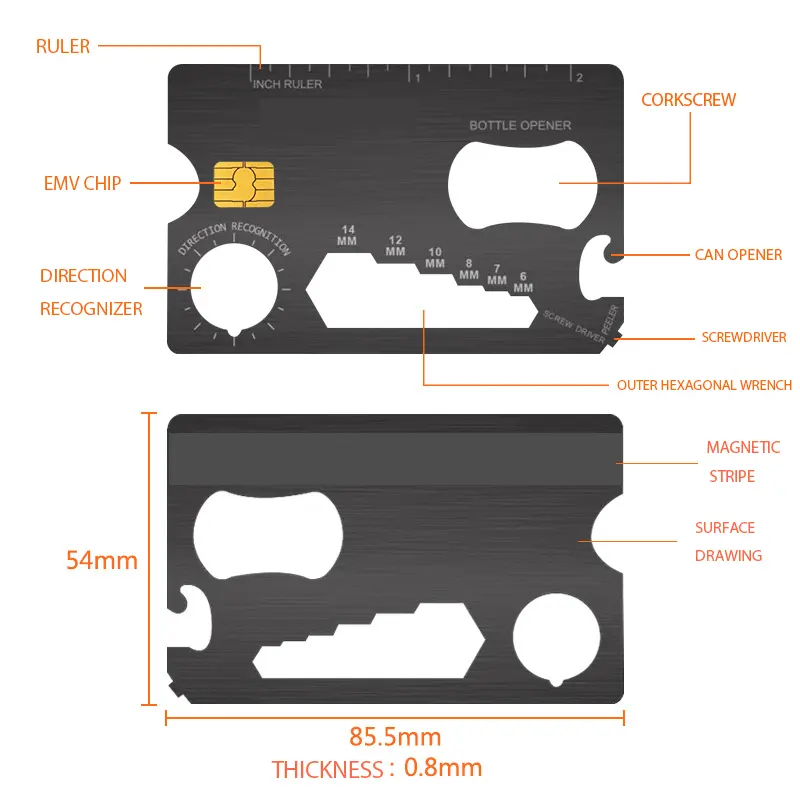 Carte de crédit de survie Multitool carte de crédit noire noir brossé ouvre-boîte tactique outil règle de carte avec fente à puce 4442
