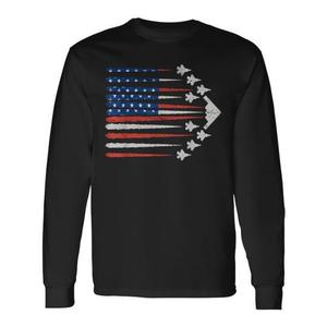 Camiseta de Manga Larga con Estampado Digital de la Bandera de EE. UU. de Aviones de Combate Patrióticos, Cuello Redondo, Unisex para Adultos, Promocional - Product Image 1