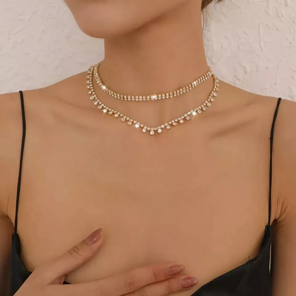 Gargantilla Chapado en oro y plata Bling Crystal Rhinestone Collar DE BODA Accesorio DE BODA Collar de cadena para mujer Joyería