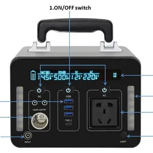 リチウム鉄電池とLEDライトを備えたTE500500Whキャンプ緊急発電所モバイル充電ステーション