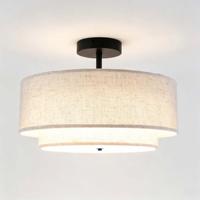 Plafonnier moderne à deux niveaux en forme de tambour, semi-encastré, avec abat-jour en métal noir et en tissu pour chambre à coucher