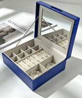 Boîtes à montres organisatrices de bijoux en cuir de crocodile bleu, forme carrée et rectangulaire, compartiments de capacité, poignée en cuir métallique, personnalisables