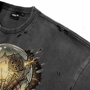 Camisetas de Hombre Negras Vintage Oversize con Lavado Ácido y Efecto Desgastado, Transpirables, con Estampado Personalizado de Bombilla Punk, de Algodón, Cuello Redondo y Manga Corta - Product Image 4