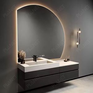 Meuble sous-vasque de luxe en bois massif avec tiroir de salle de bain et miroir demi-lune pour salle de bain d'hôtel